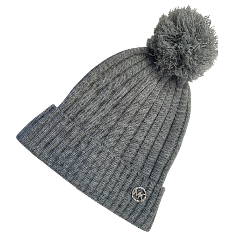 Michael Kors‎ Gray Ribbed Knit Beanie Hat with Pom Pom and Silver MK Logo Logo